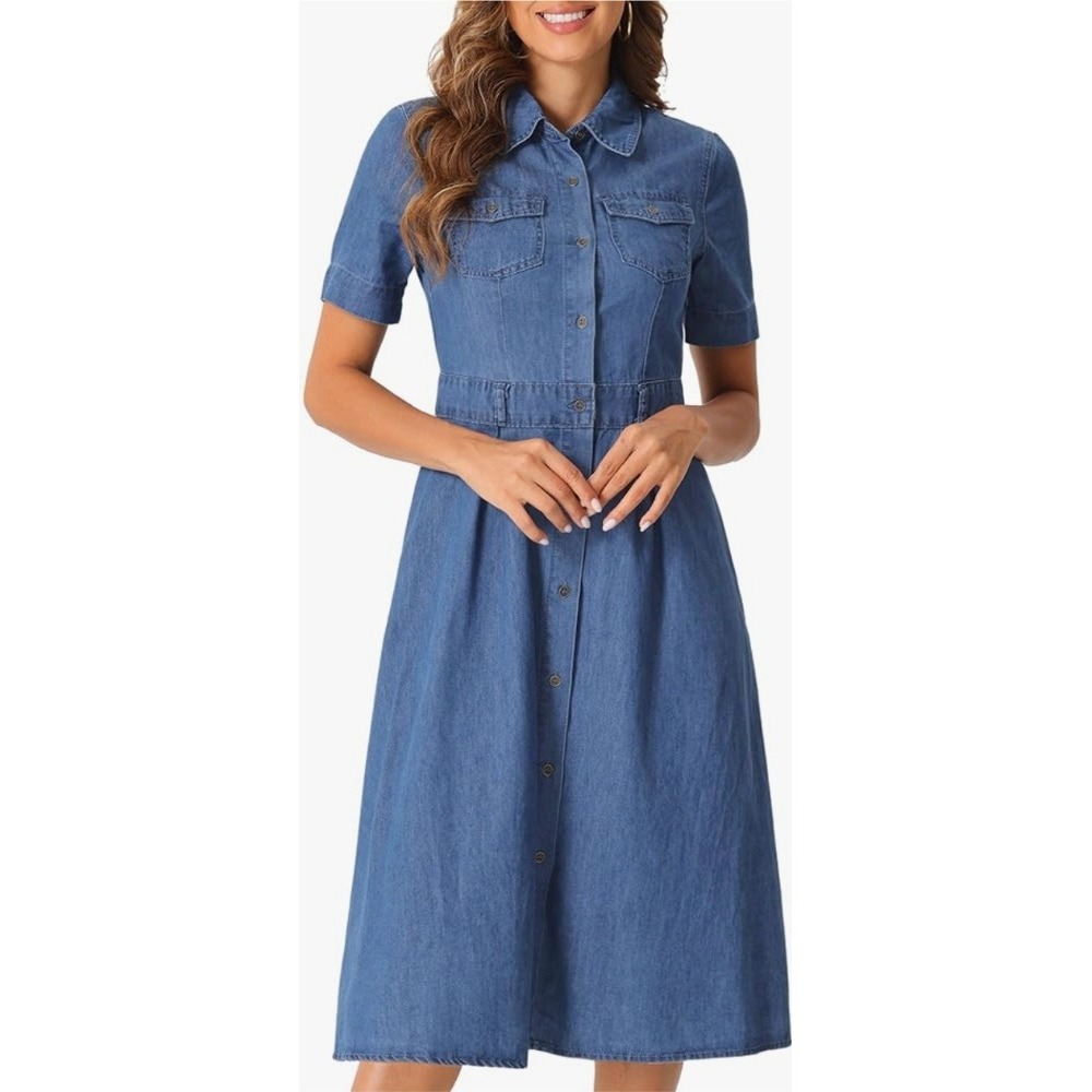 Denim Shirt Dress Womens Casual Short Sleeve Button Down Midi Dress‎ Small  NWOT